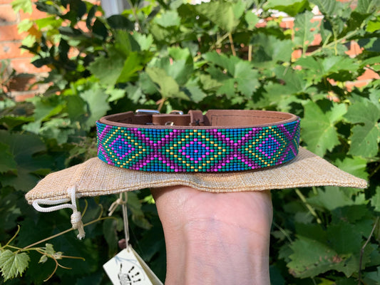 Beaded leather dog collar Unique dog collar Geometric dog collar Seed beads dog collar