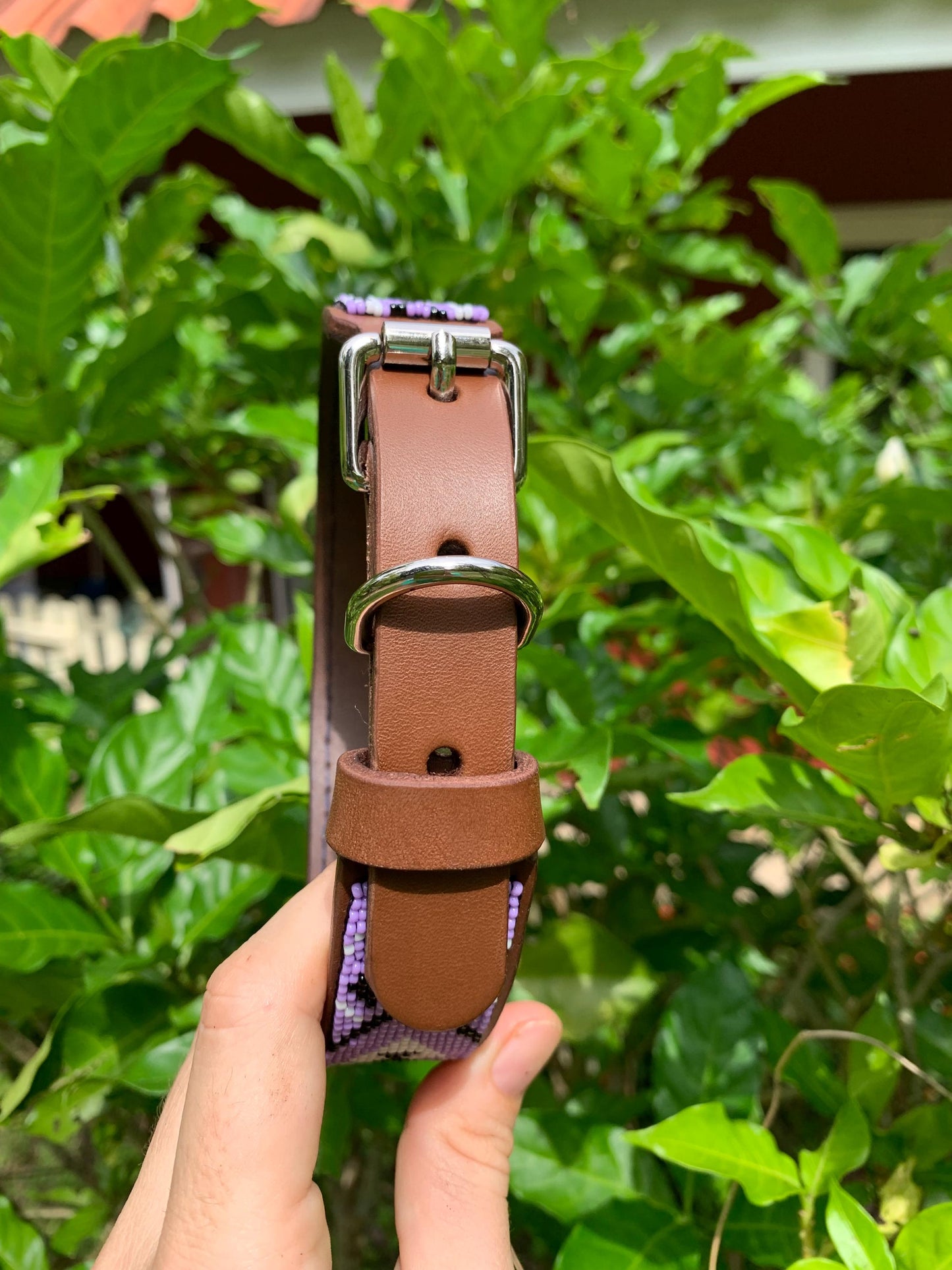 Lilac Leather Dog Collar – Handmade Beaded Dog Collar - Seed beaded dog collar – Italian Leather Pet Collar – Elegant Dog Accessory