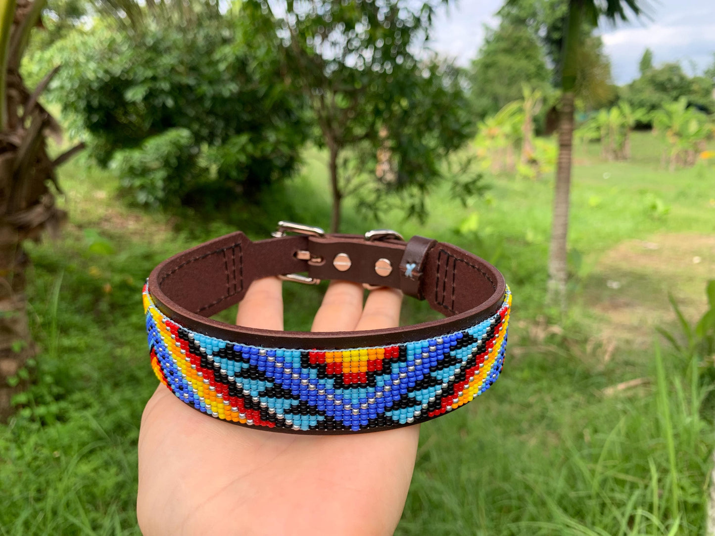 Beaded Leather Dog Collar – Handmade Beaded Dog Collar - Seed beaded dog collar – Italian Leather Pet Collar – Elegant Dog Accessory