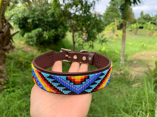 Beaded Leather Dog Collar – Handmade Beaded Dog Collar - Seed beaded dog collar – Italian Leather Pet Collar – Elegant Dog Accessory