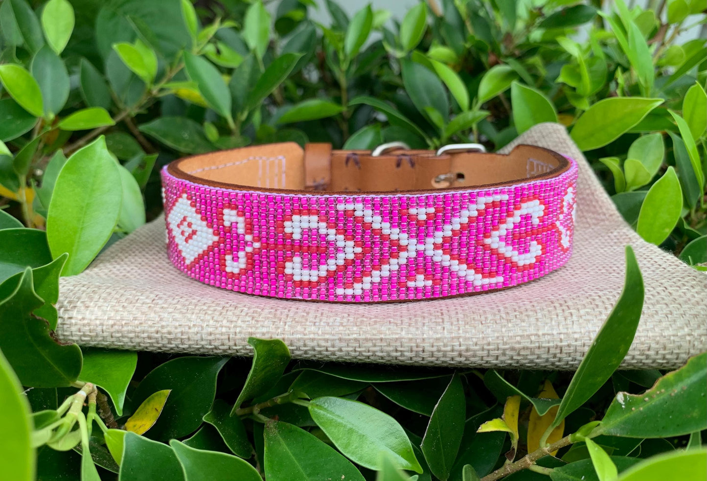 Beaded leather dog collar Pink beaded dog collar Dog collar for girl