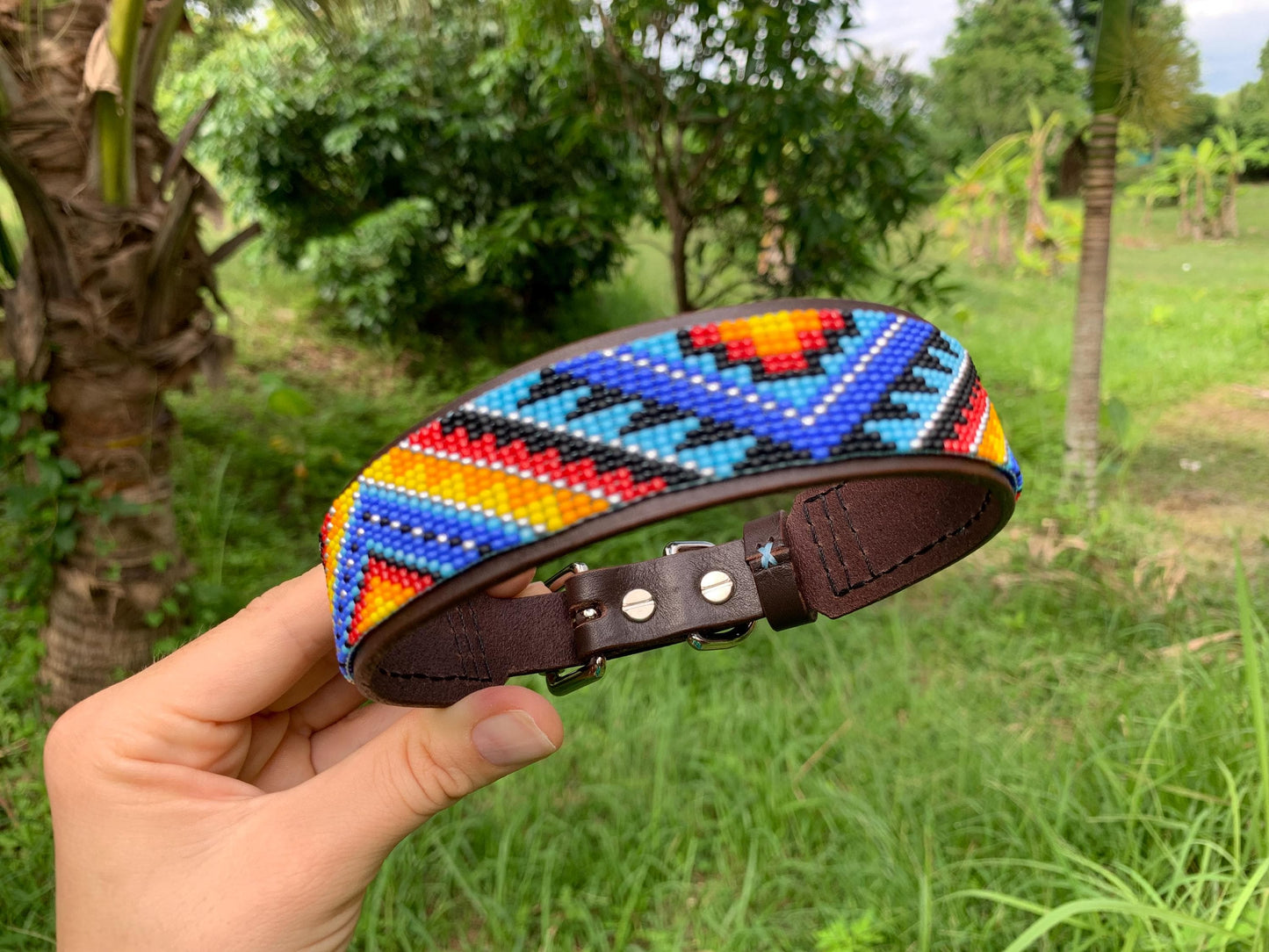 Beaded Leather Dog Collar – Handmade Beaded Dog Collar - Seed beaded dog collar – Italian Leather Pet Collar – Elegant Dog Accessory