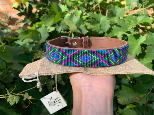 Beaded leather dog collar Unique dog collar Geometric dog collar Seed beads dog collar
