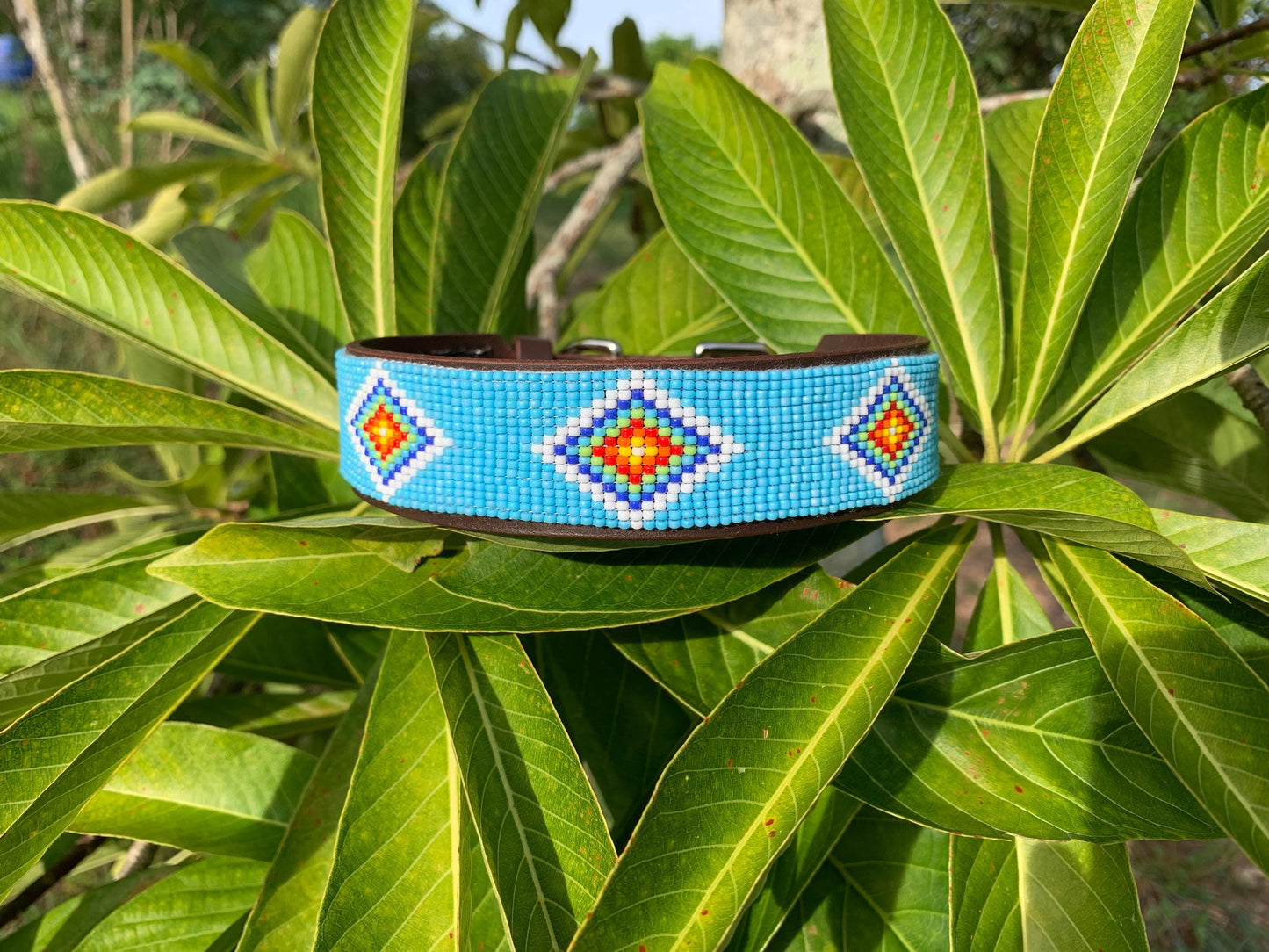 Beaded leather dog collar Blue dog collar Dog collar for boy