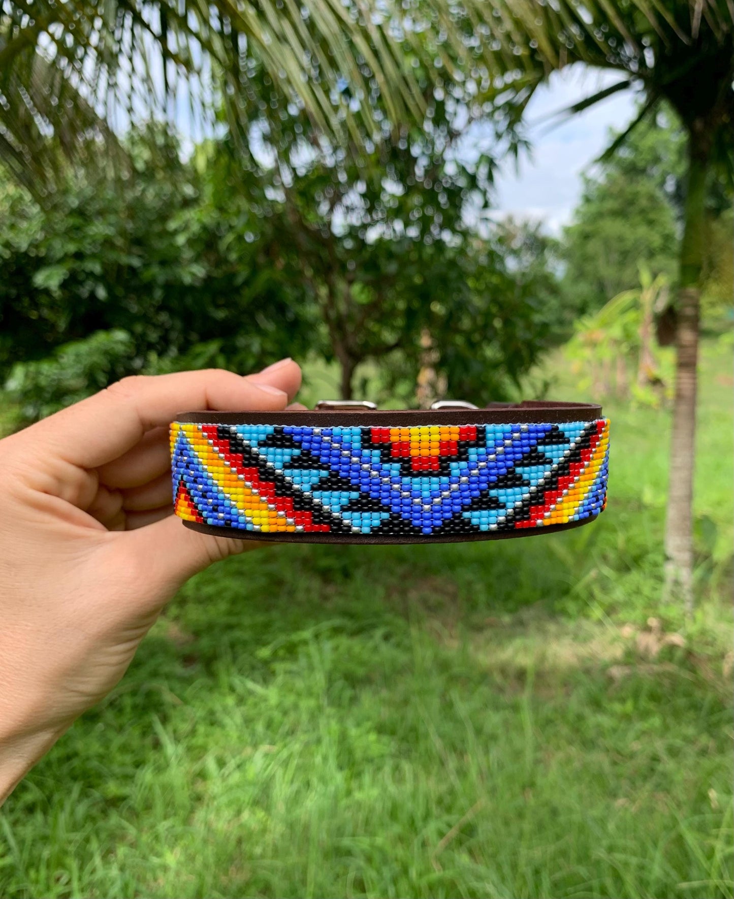 Beaded Leather Dog Collar – Handmade Beaded Dog Collar - Seed beaded dog collar – Italian Leather Pet Collar – Elegant Dog Accessory