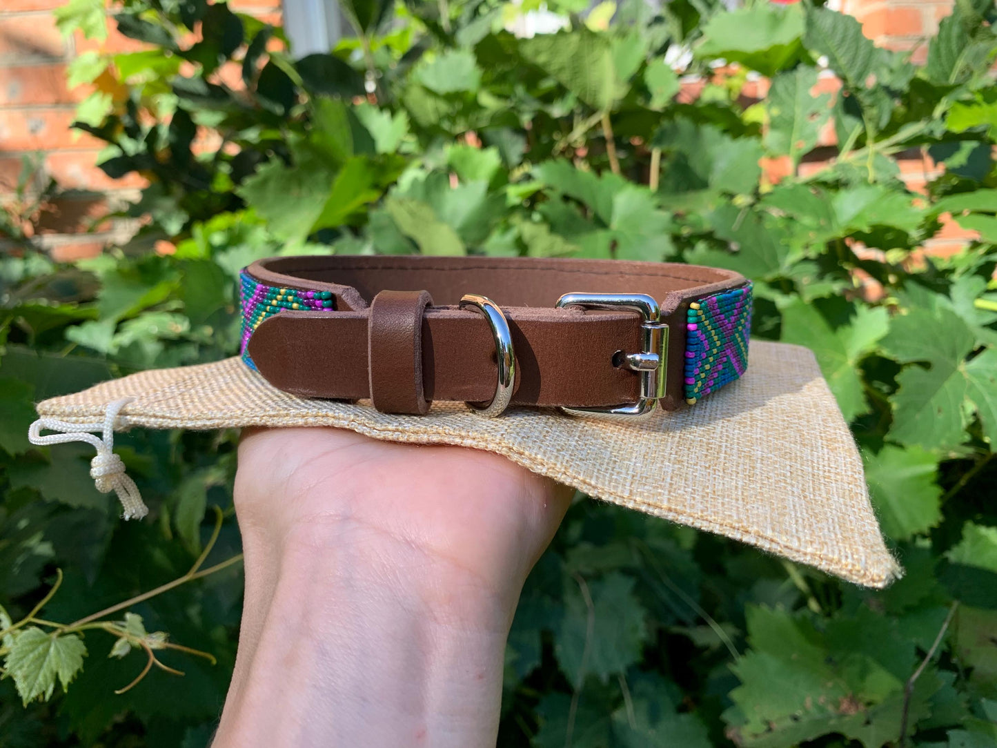 Beaded leather dog collar Unique dog collar Geometric dog collar Seed beads dog collar