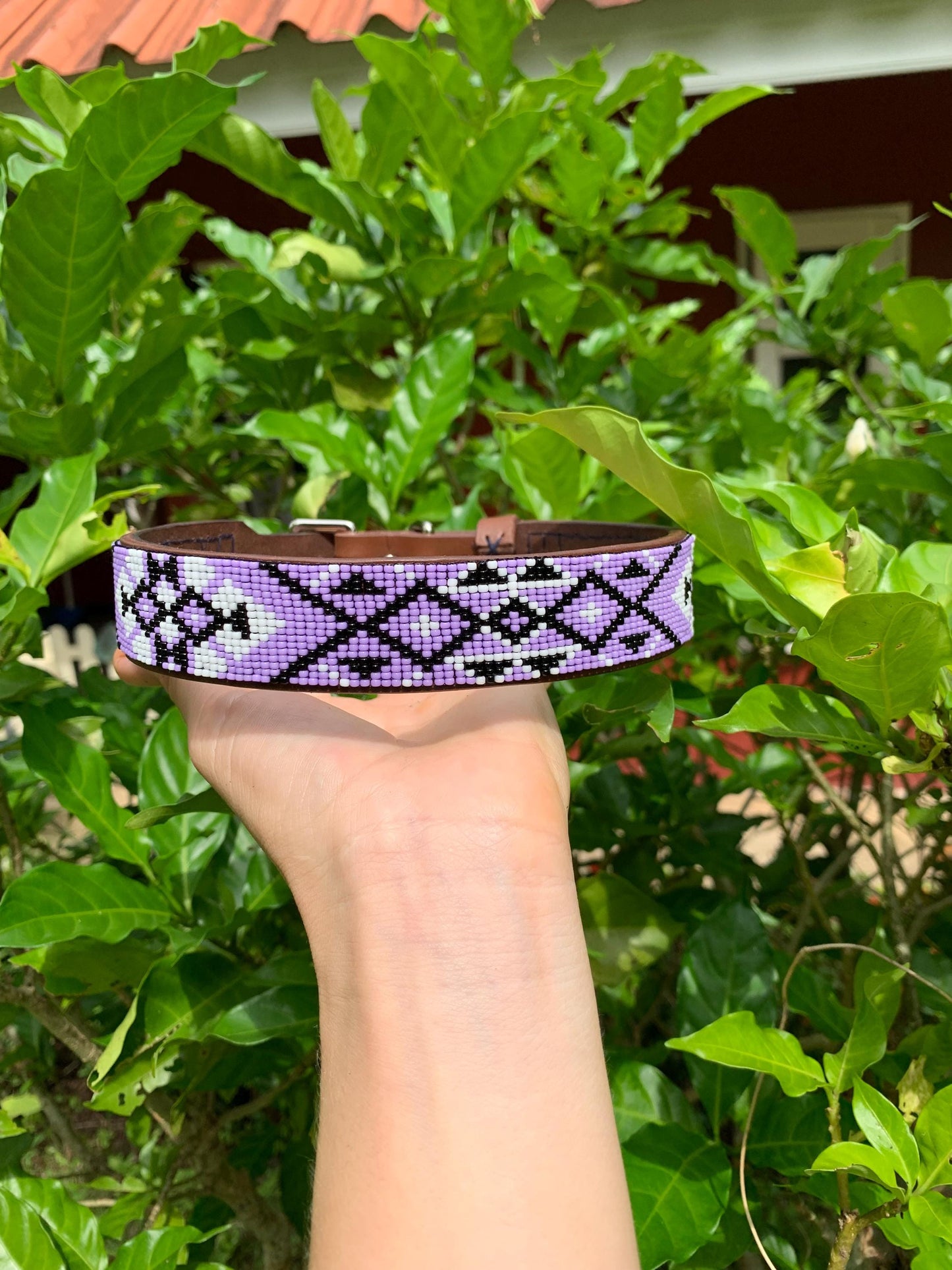 Lilac Leather Dog Collar – Handmade Beaded Dog Collar - Seed beaded dog collar – Italian Leather Pet Collar – Elegant Dog Accessory