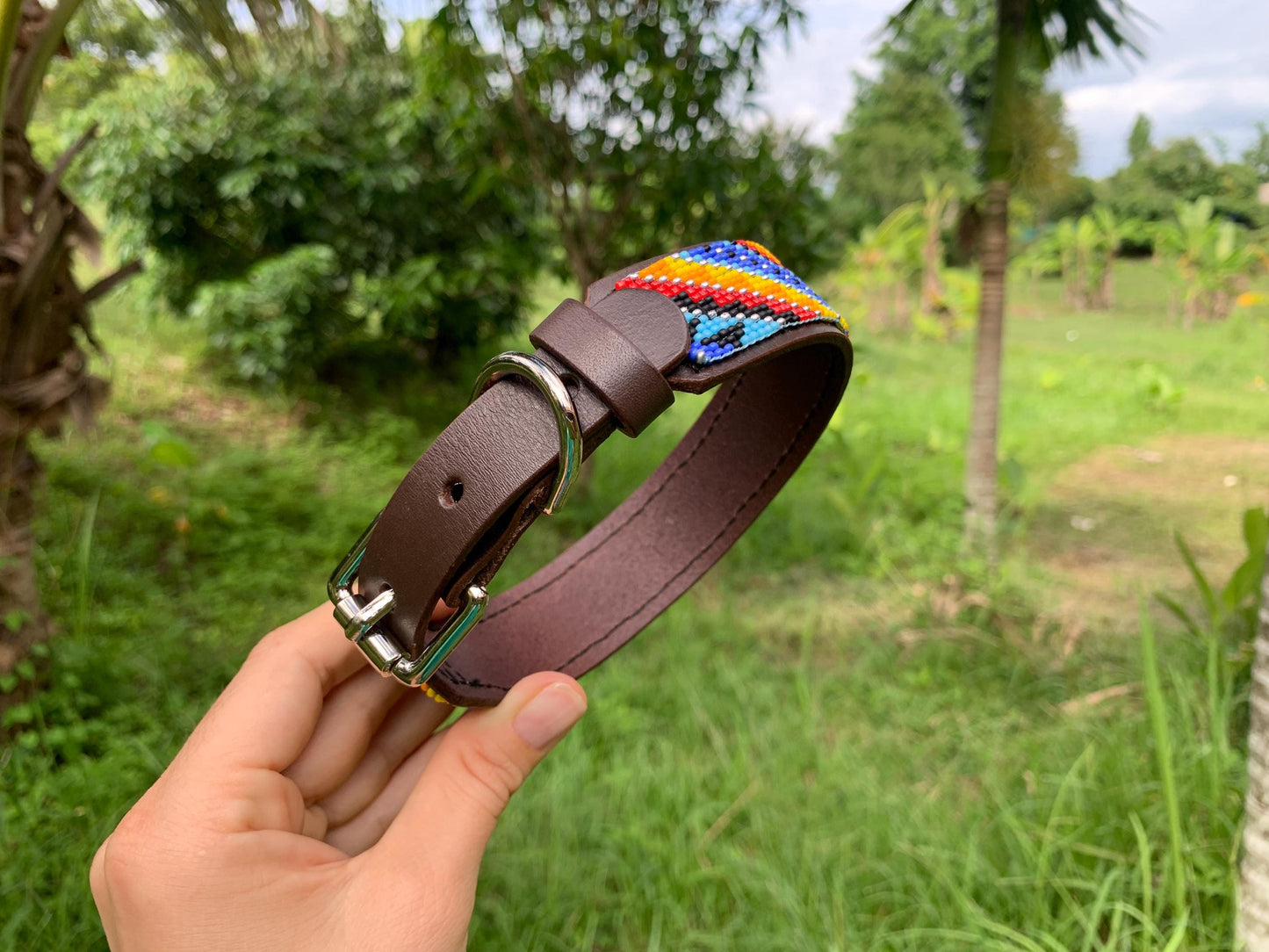 Beaded Leather Dog Collar – Handmade Beaded Dog Collar - Seed beaded dog collar – Italian Leather Pet Collar – Elegant Dog Accessory