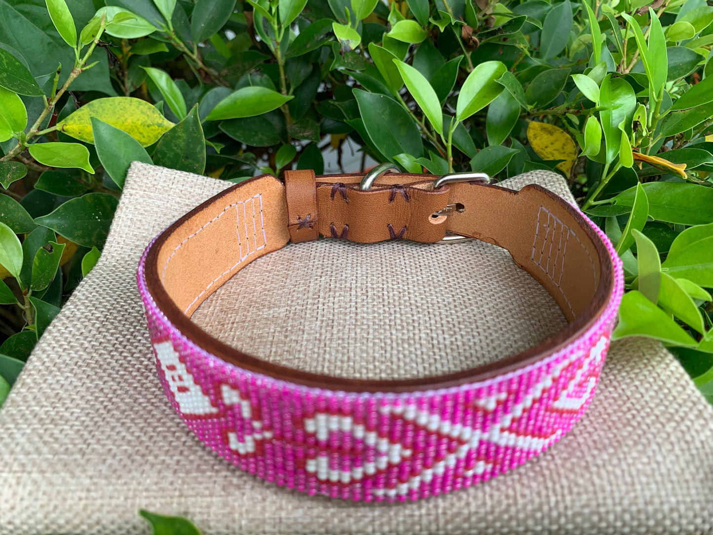 Beaded leather dog collar Pink beaded dog collar Dog collar for girl