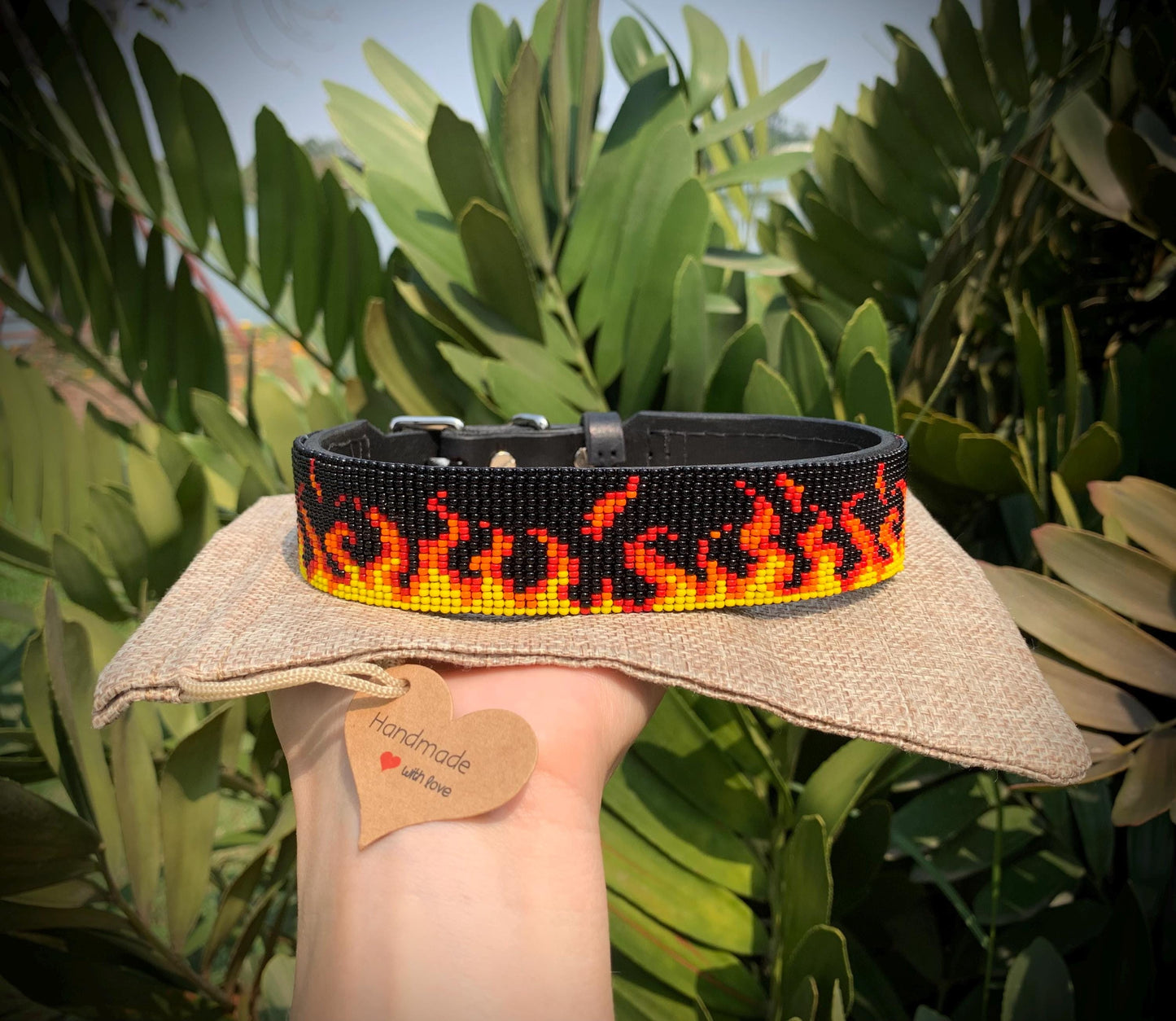 Beaded leather dog collar Unique dog collar Flame dog collar Dog collar for boy Custom dog collar