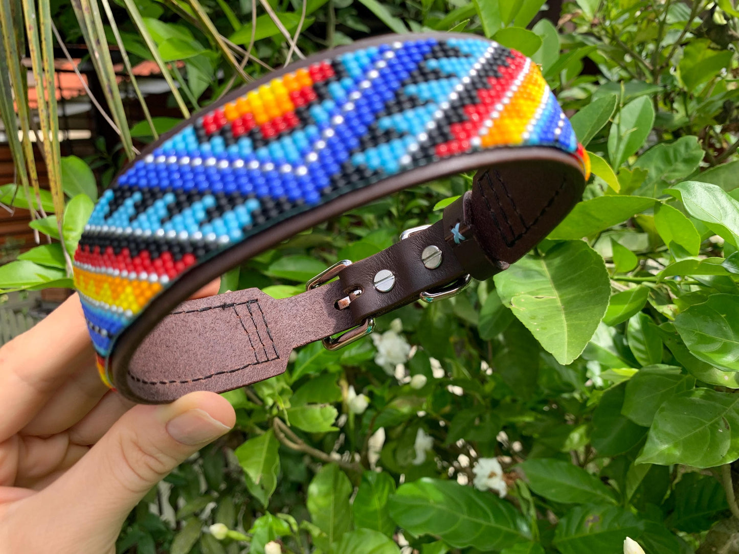 Beaded Leather Dog Collar – Handmade Beaded Dog Collar - Seed beaded dog collar – Italian Leather Pet Collar – Elegant Dog Accessory