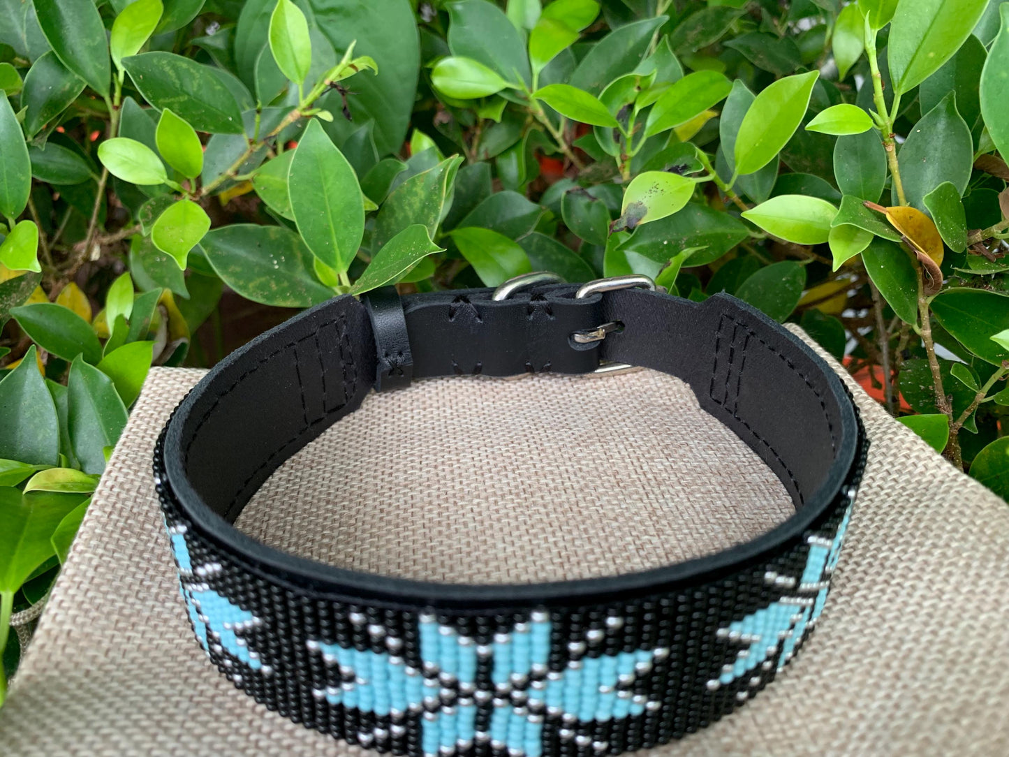 Beaded leather dog collar Beaded dog collar Dog collar for boy Blue dog collar Black dog collar