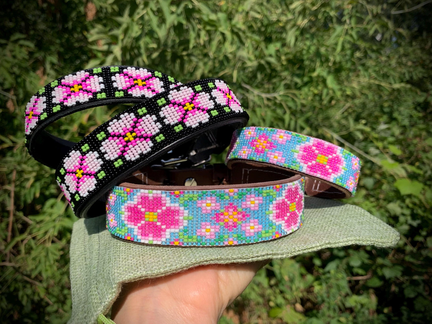 Beaded dog collar leather beaded dog collar