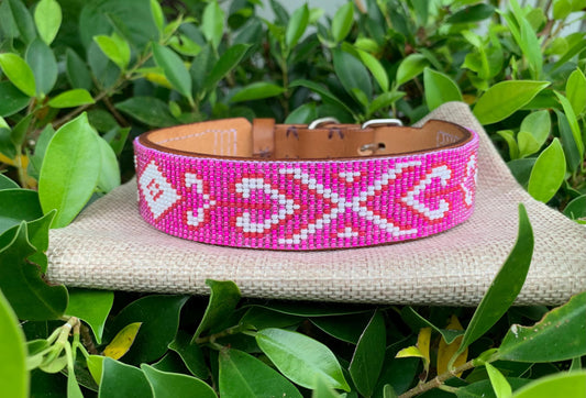 Beaded leather dog collar Pink beaded dog collar Dog collar for girl