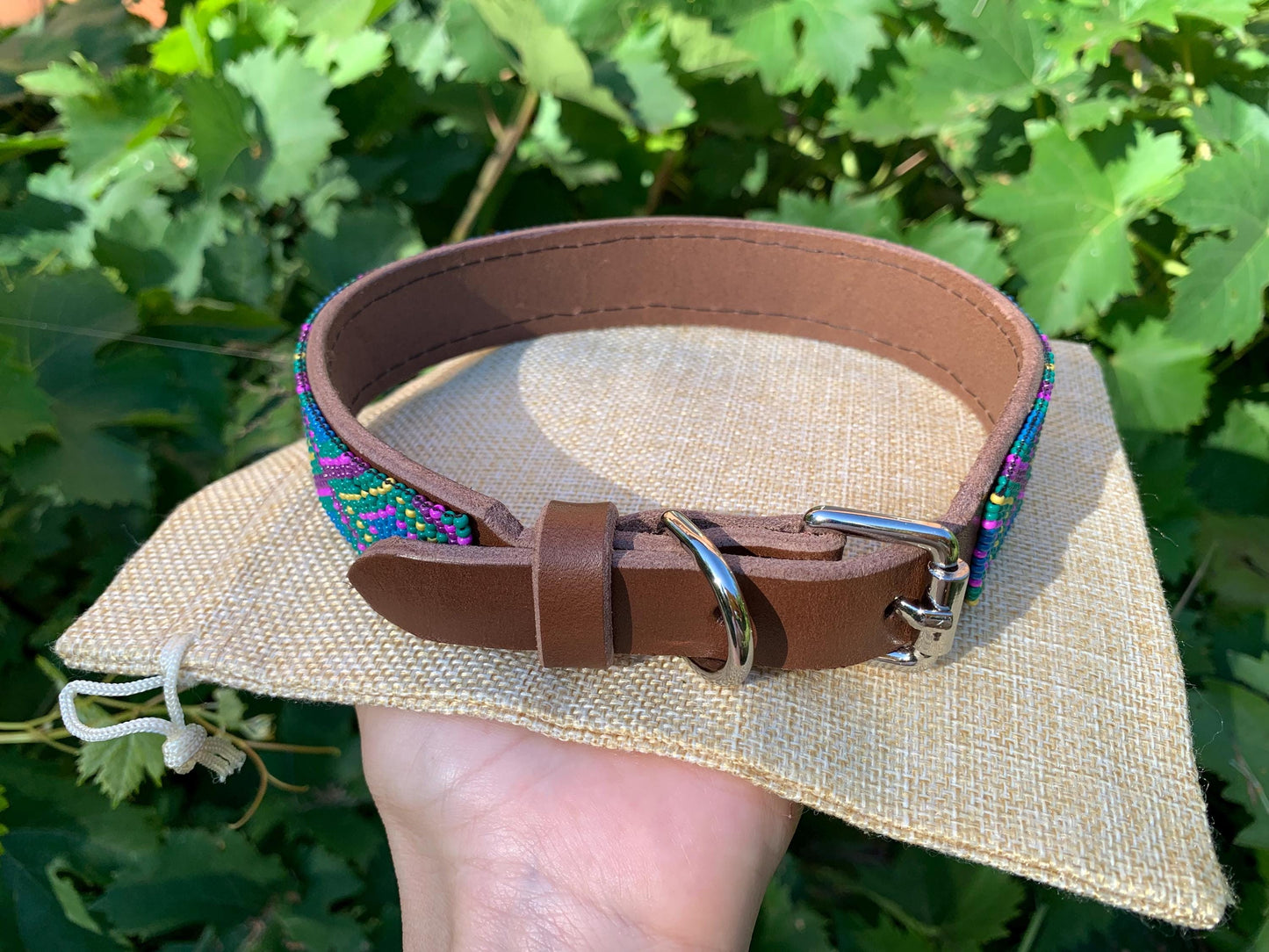 Beaded leather dog collar Unique dog collar Geometric dog collar Seed beads dog collar