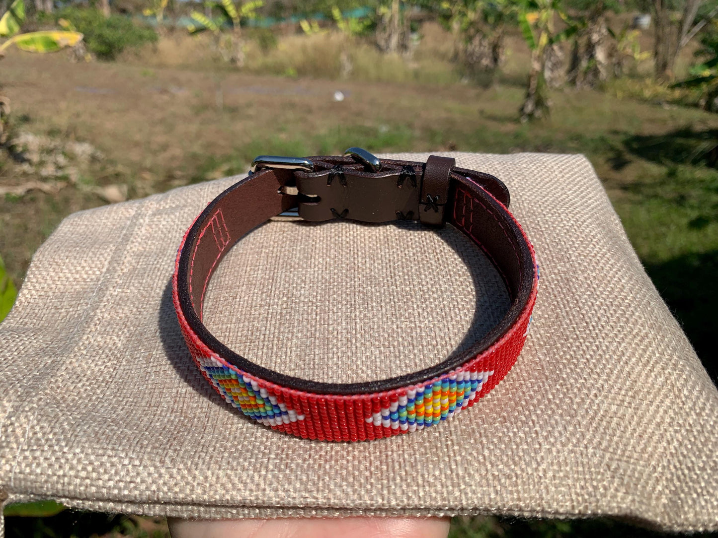 Beaded leather dog collar