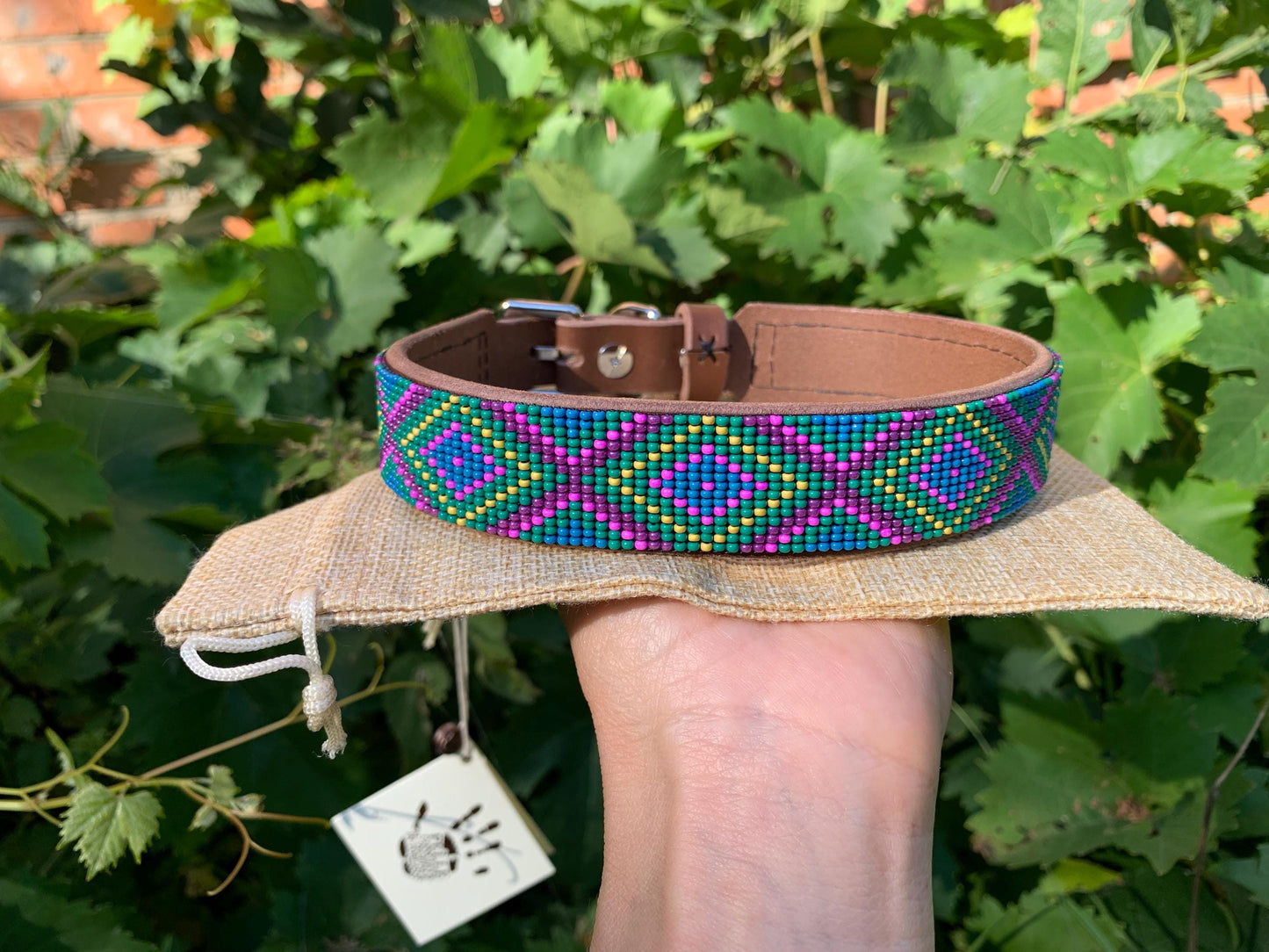 Beaded leather dog collar Unique dog collar Geometric dog collar Seed beads dog collar