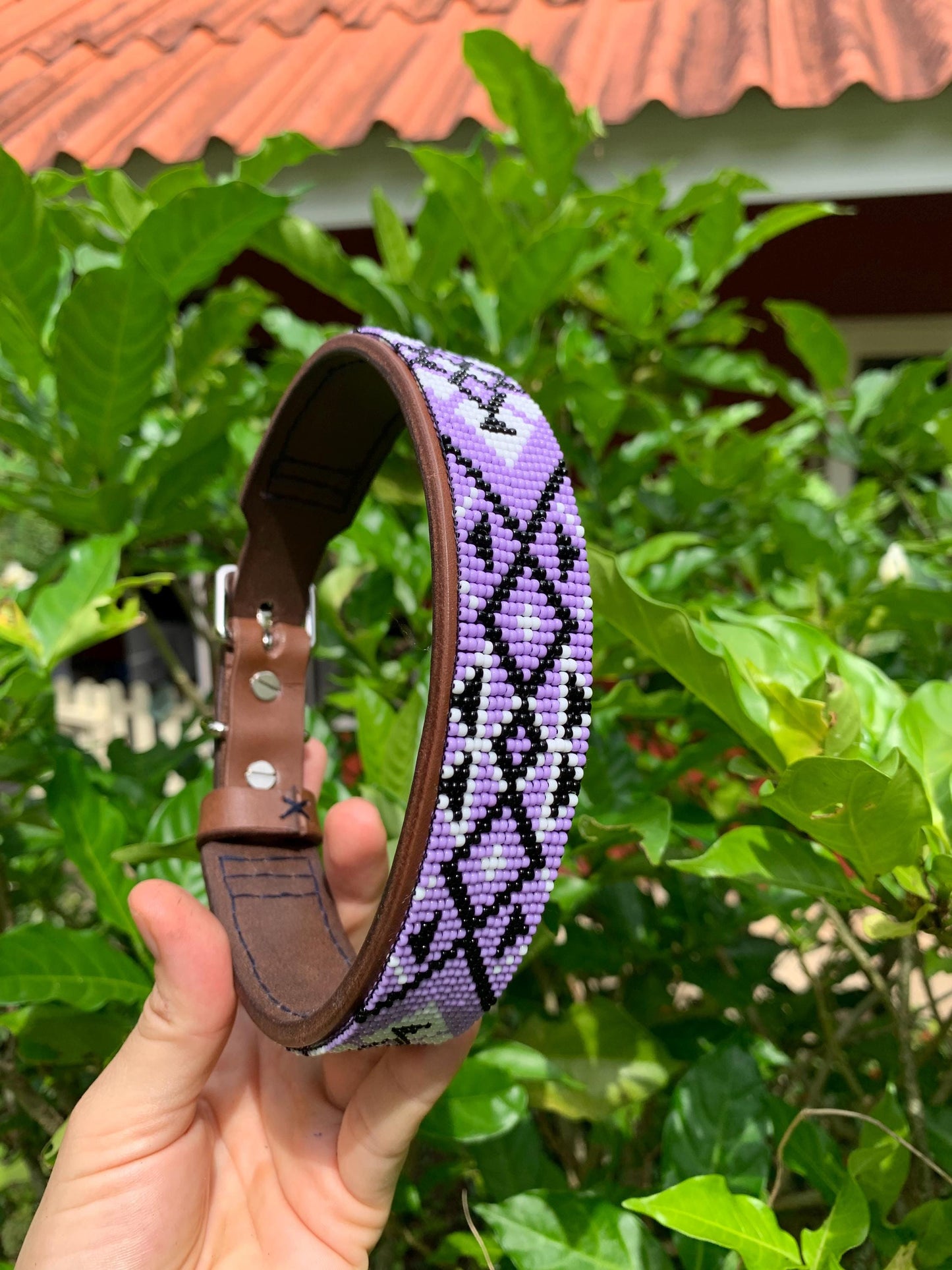 Lilac Leather Dog Collar – Handmade Beaded Dog Collar - Seed beaded dog collar – Italian Leather Pet Collar – Elegant Dog Accessory