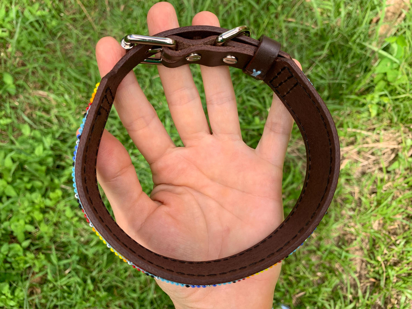 Beaded Leather Dog Collar – Handmade Beaded Dog Collar - Seed beaded dog collar – Italian Leather Pet Collar – Elegant Dog Accessory