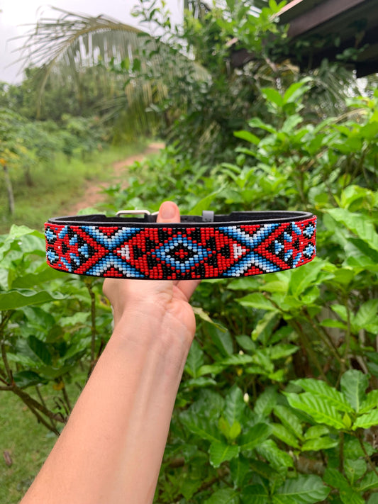 Beaded leather dog collar Aztec pattern Unique dog collar Dog collar for boy Dog collar for girl