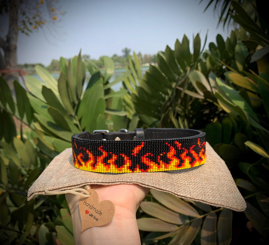 Beaded leather dog collar Unique dog collar Flame dog collar Dog collar for boy Custom dog collar