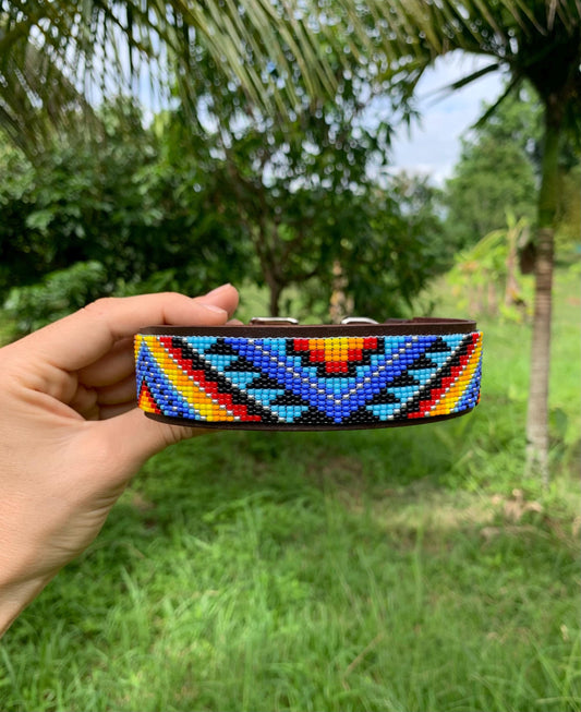 Beaded Leather Dog Collar – Handmade Beaded Dog Collar - Seed beaded dog collar – Italian Leather Pet Collar – Elegant Dog Accessory