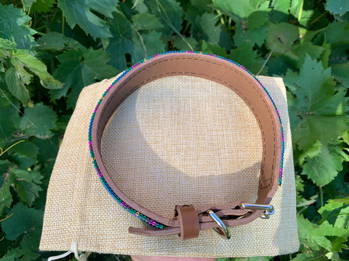 Beaded leather dog collar Unique dog collar Geometric dog collar Seed beads dog collar