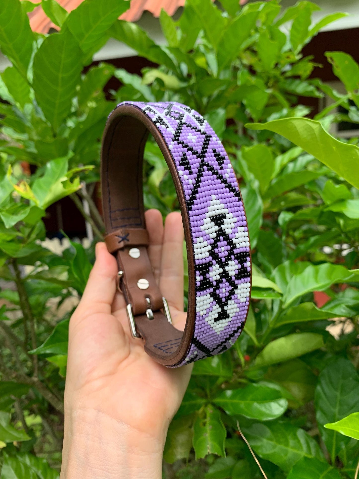 Lilac Leather Dog Collar – Handmade Beaded Dog Collar - Seed beaded dog collar – Italian Leather Pet Collar – Elegant Dog Accessory