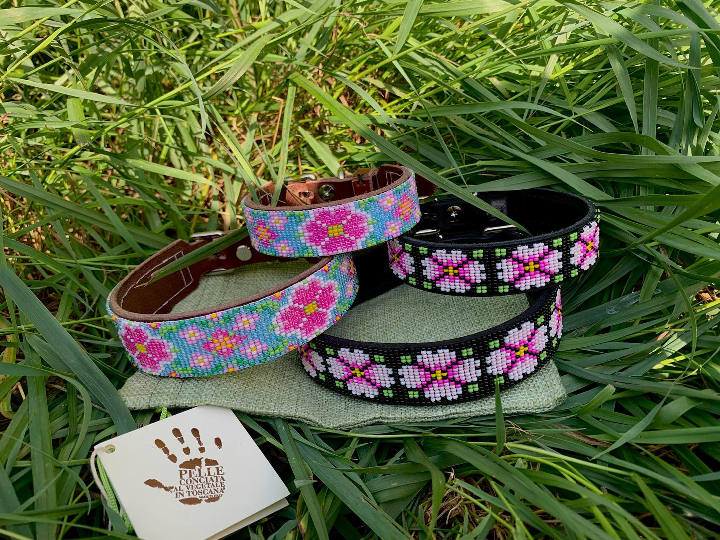 Beaded leather dog collar Unique dog collar Flower pattern dog collar Gift dog collar Dog collar for girl Pink dog collar