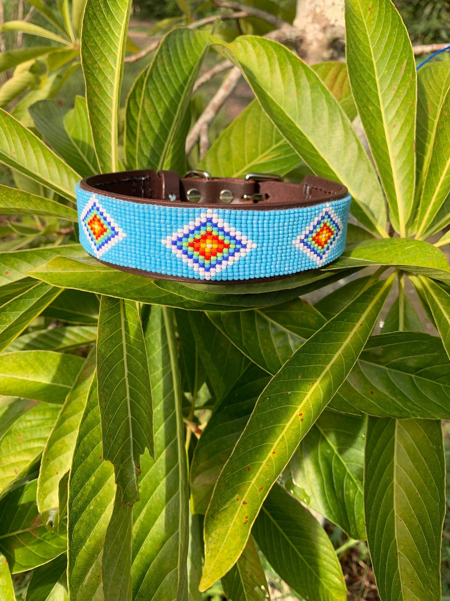 Beaded leather dog collar Blue dog collar Dog collar for boy