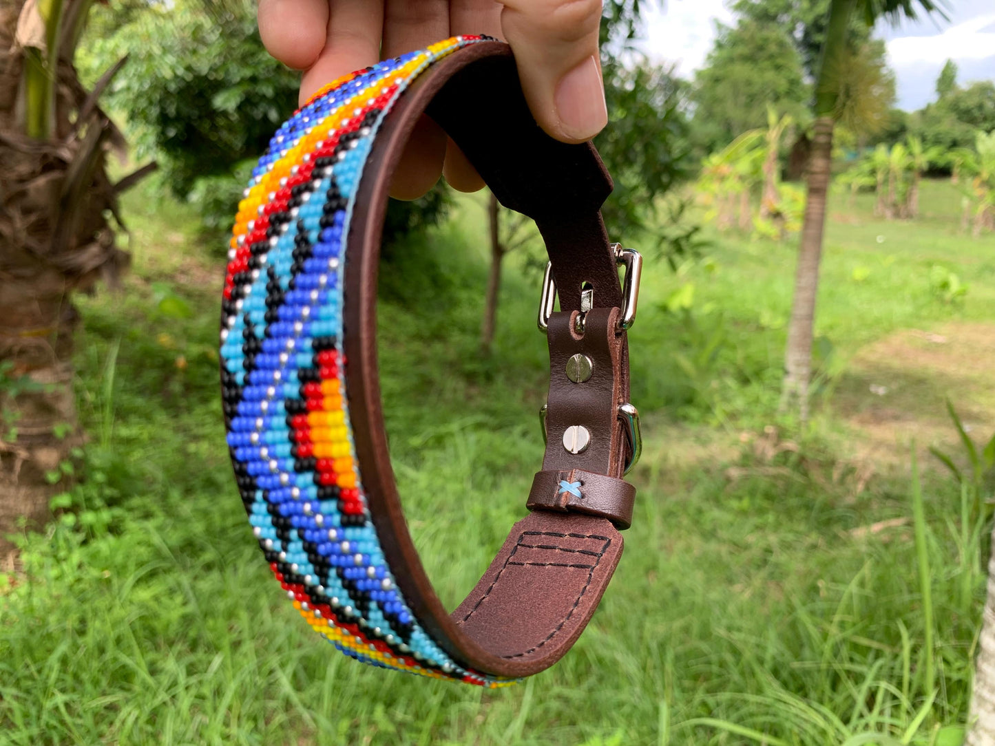 Beaded Leather Dog Collar – Handmade Beaded Dog Collar - Seed beaded dog collar – Italian Leather Pet Collar – Elegant Dog Accessory