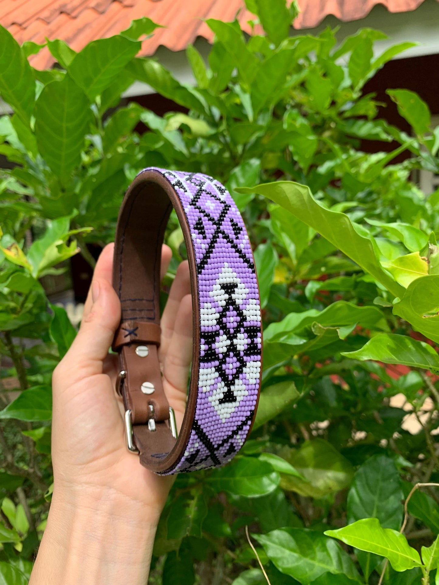 Lilac Leather Dog Collar – Handmade Beaded Dog Collar - Seed beaded dog collar – Italian Leather Pet Collar – Elegant Dog Accessory