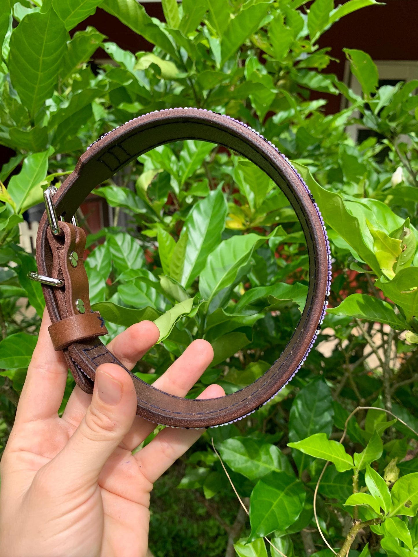 Lilac Leather Dog Collar – Handmade Beaded Dog Collar - Seed beaded dog collar – Italian Leather Pet Collar – Elegant Dog Accessory