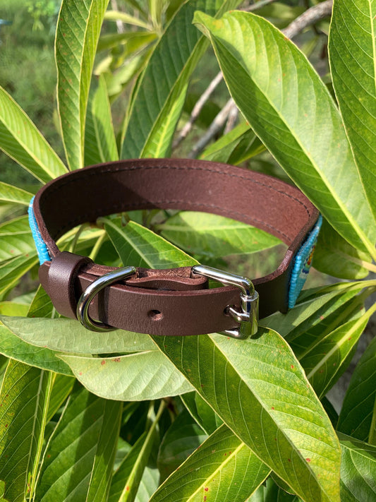 Beaded leather dog collar Blue dog collar Dog collar for boy