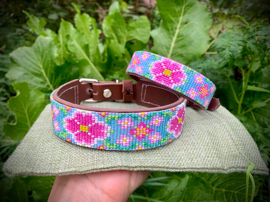 Beaded leather dog collar Unique dog collar Flower dog collar Gift dog collar Dog collar for girl Pink dog collar